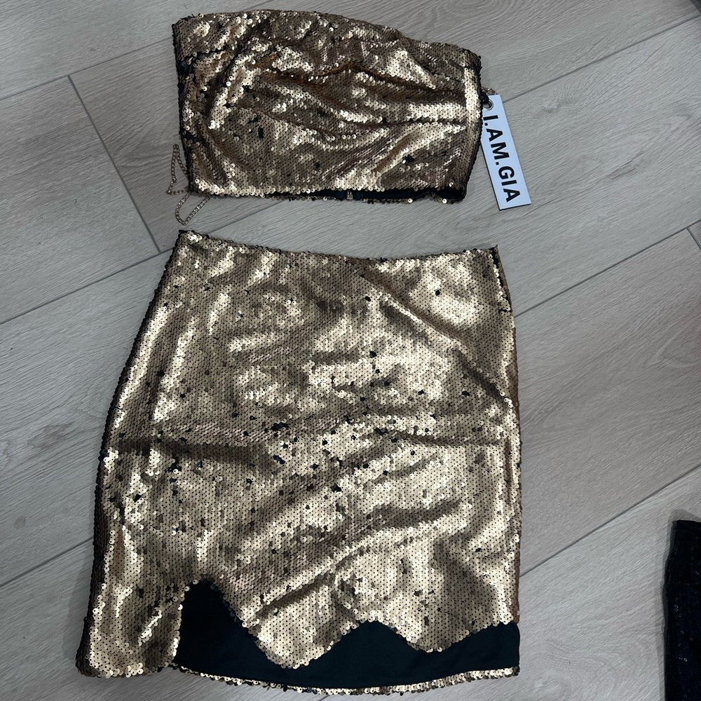 Gold sequin strapless top and skirt